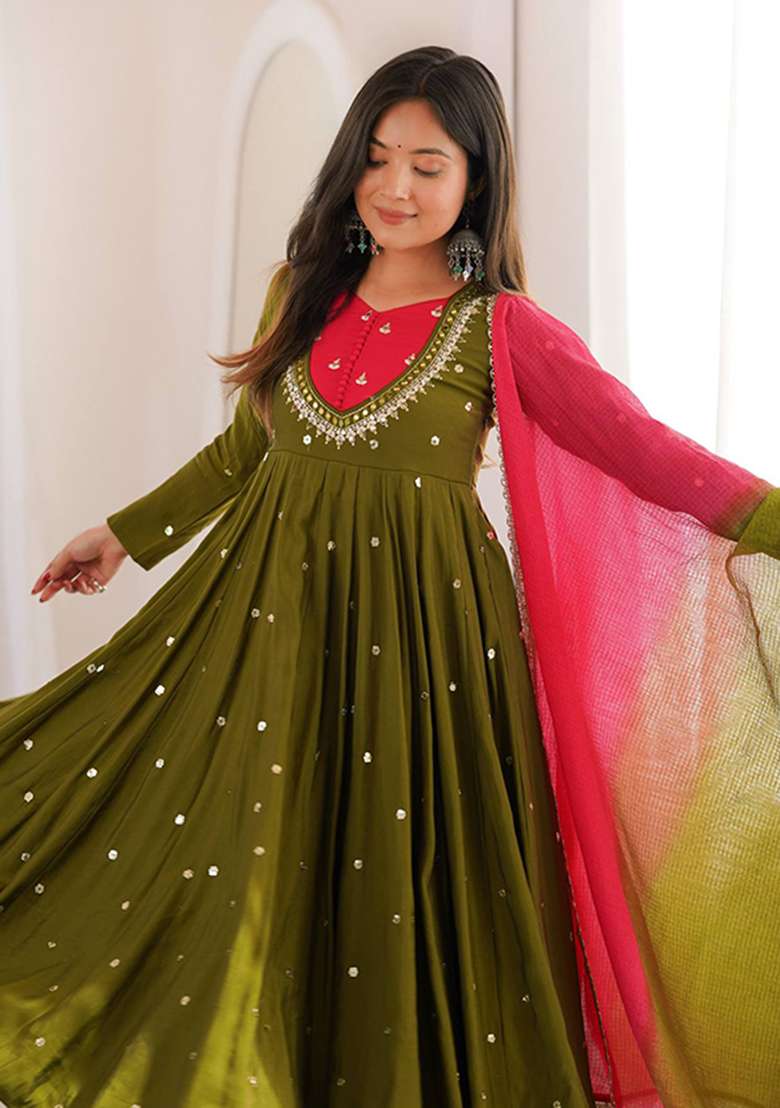 Green Embroidery Silk Gown Set - Indya
