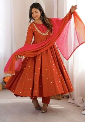 Orange Embroidery Silk Gown Set