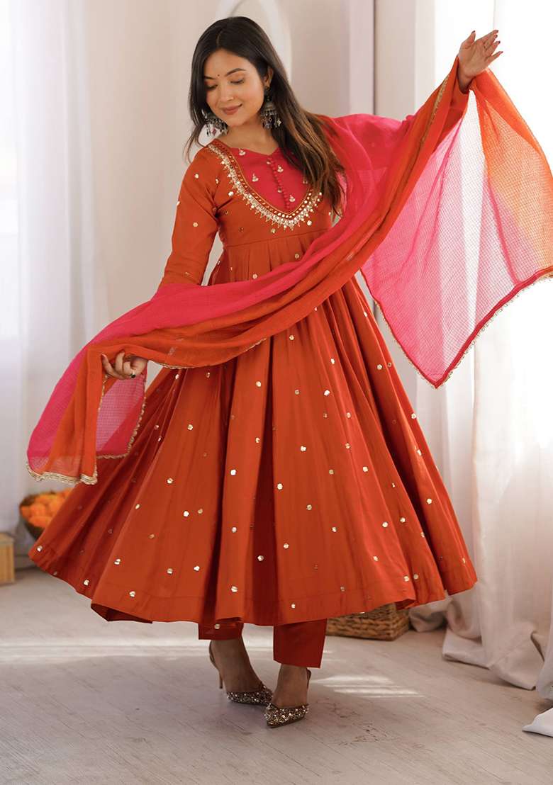 Orange Embroidery Silk Gown Set - Indya