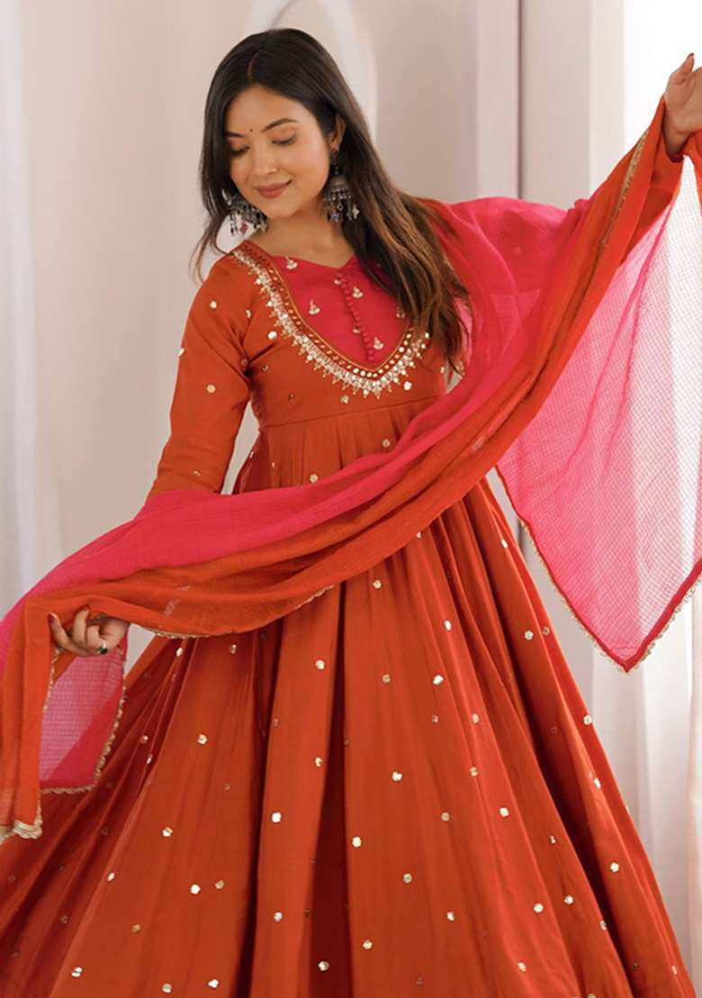 Orange Embroidery Silk Gown Set - Indya