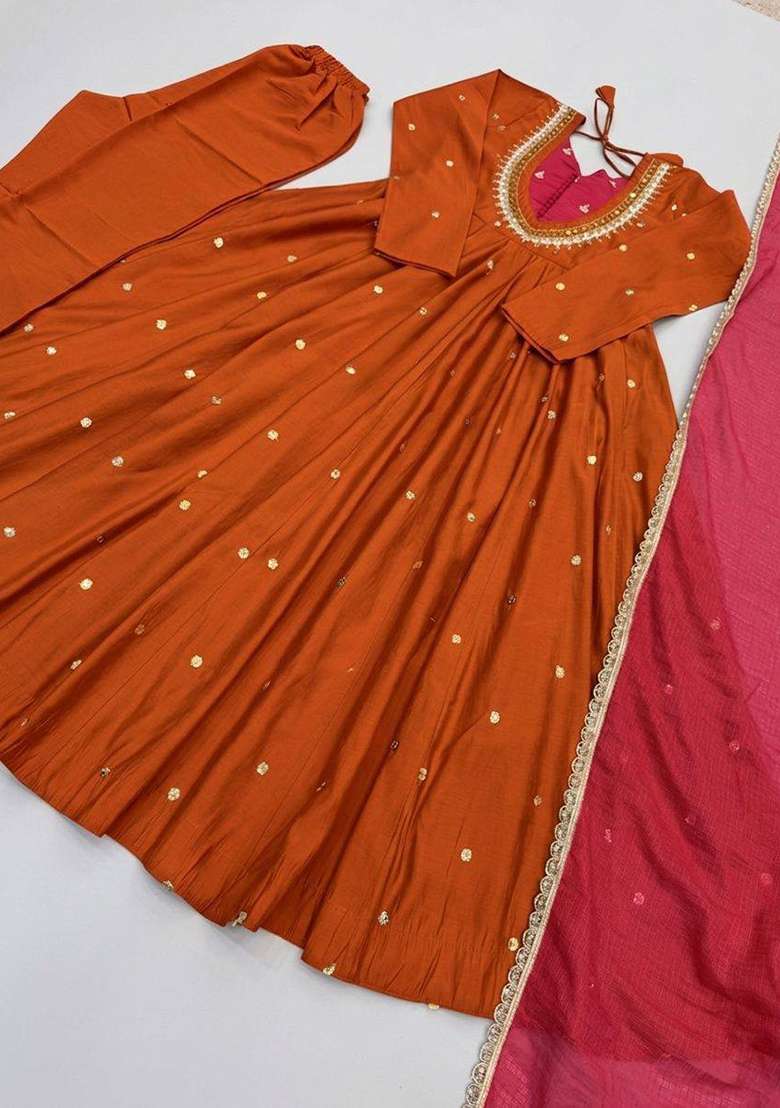 Orange Embroidery Silk Gown Set - Indya