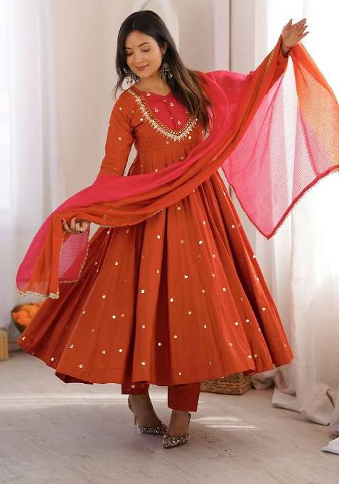 Orange Embroidery Silk Gown Set