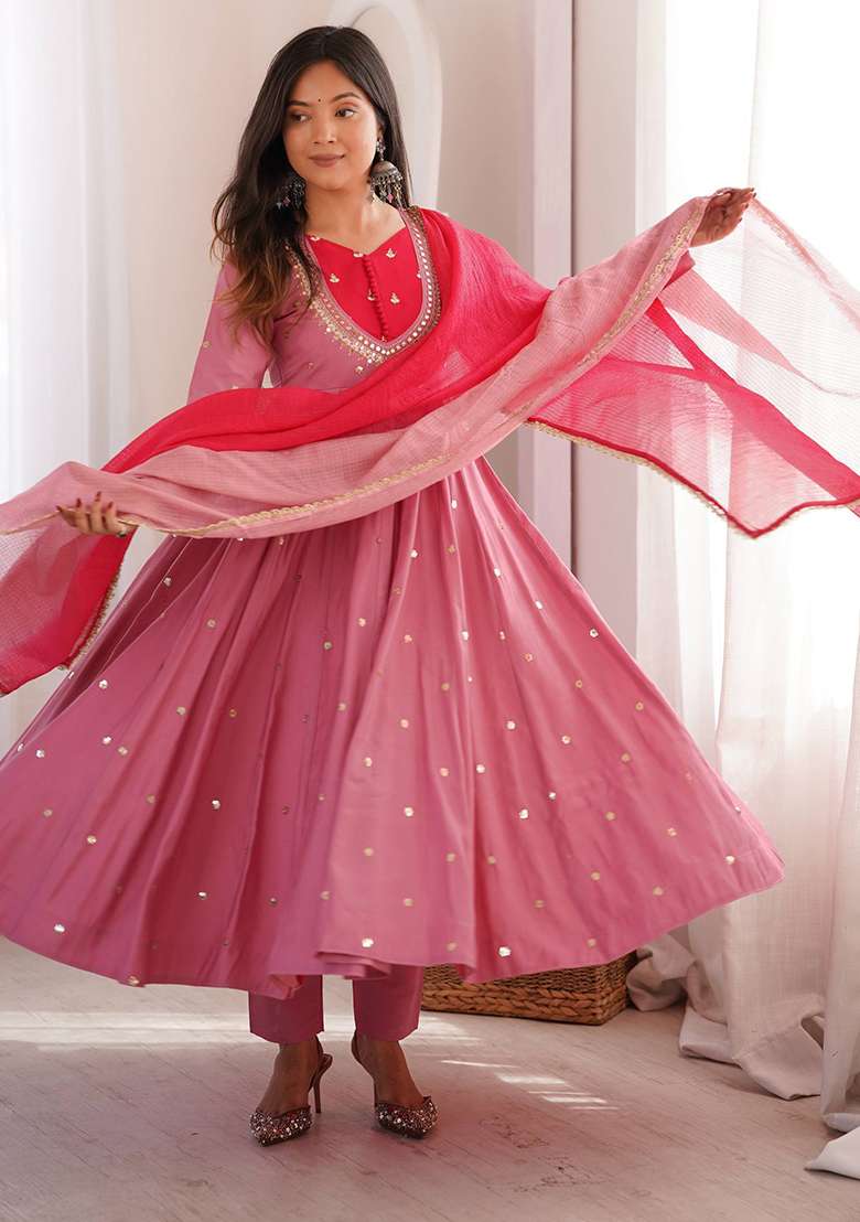 Pink Embroidery Silk Gown Set - Indya