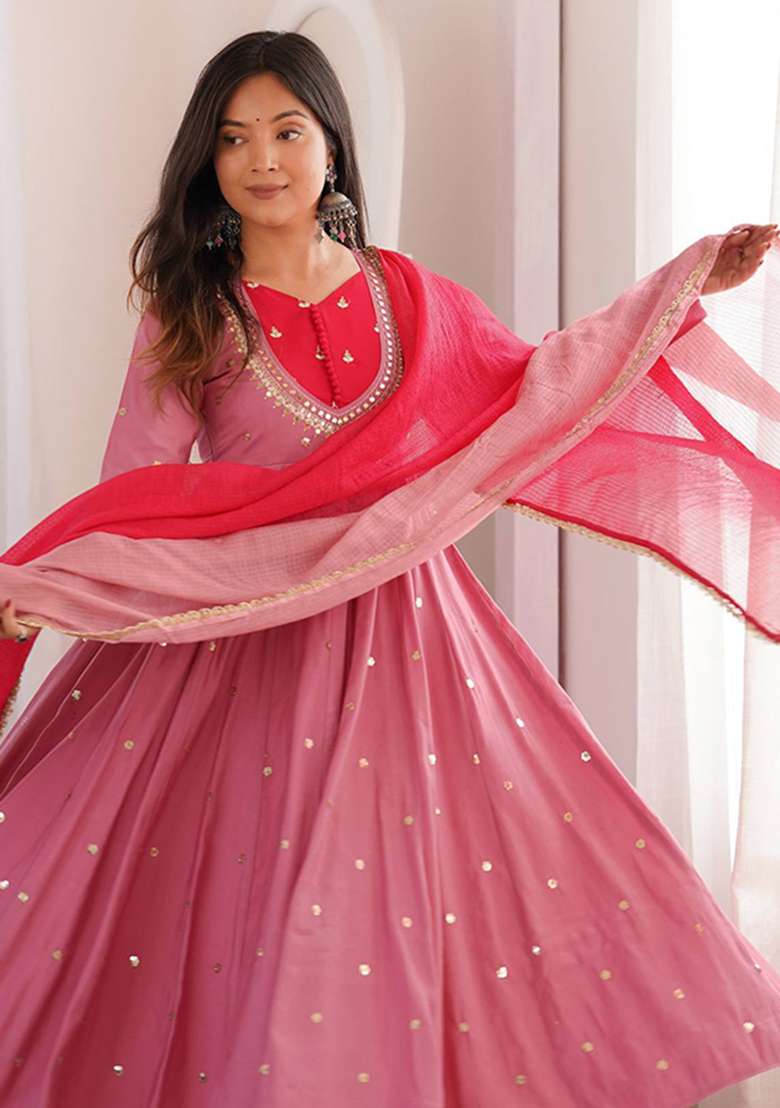 Pink Embroidery Silk Gown Set - Indya