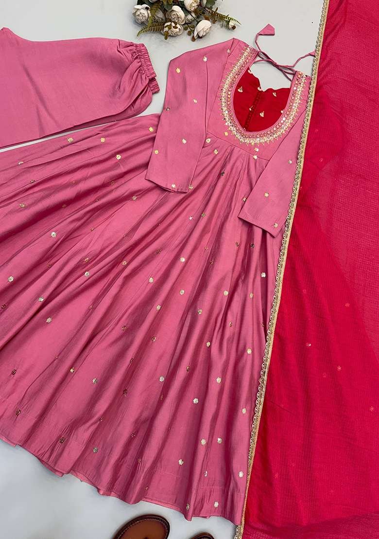 Pink Embroidery Silk Gown Set - Indya
