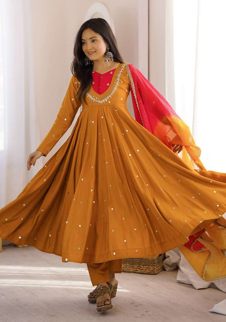 Yellow Embroidery Silk Gown Set - Indya