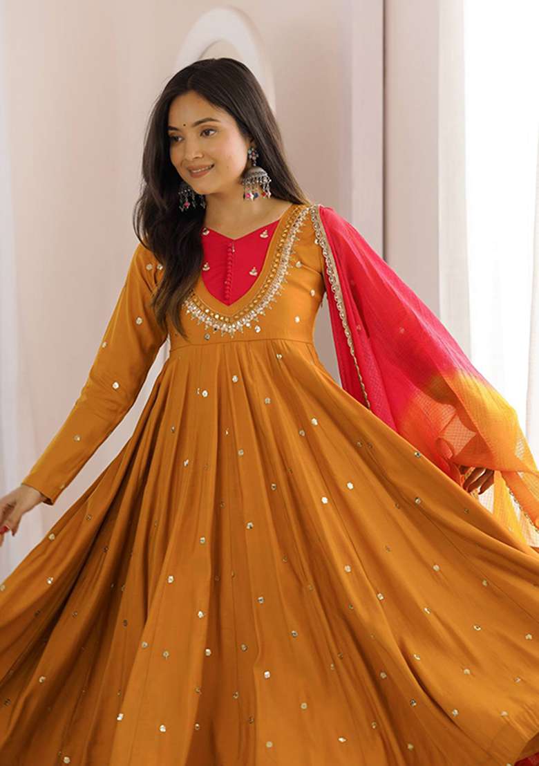 Yellow Embroidery Silk Gown Set - Indya