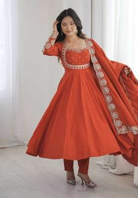 Orange Embroidery Georgette Gown Set