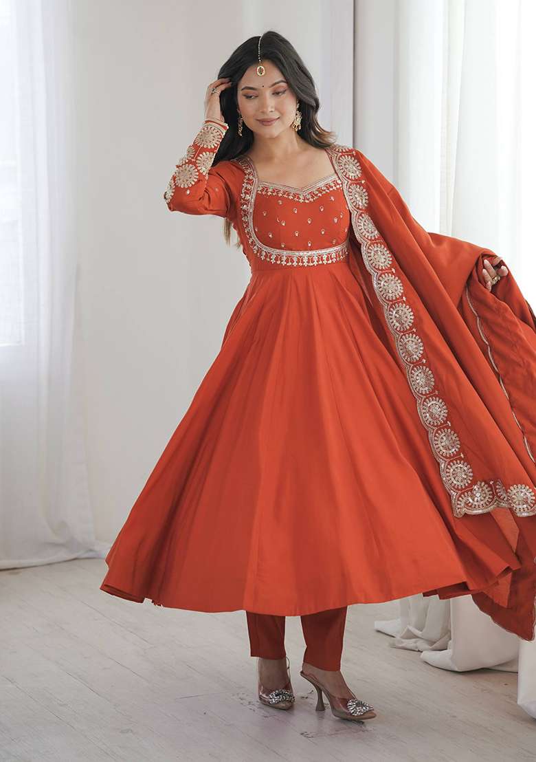 Orange Embroidery Georgette Gown Set - Indya