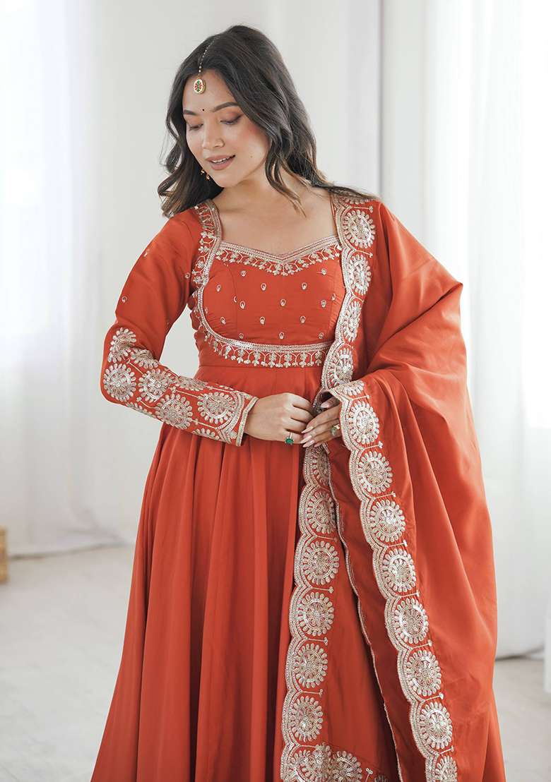 Orange Embroidery Georgette Gown Set - Indya