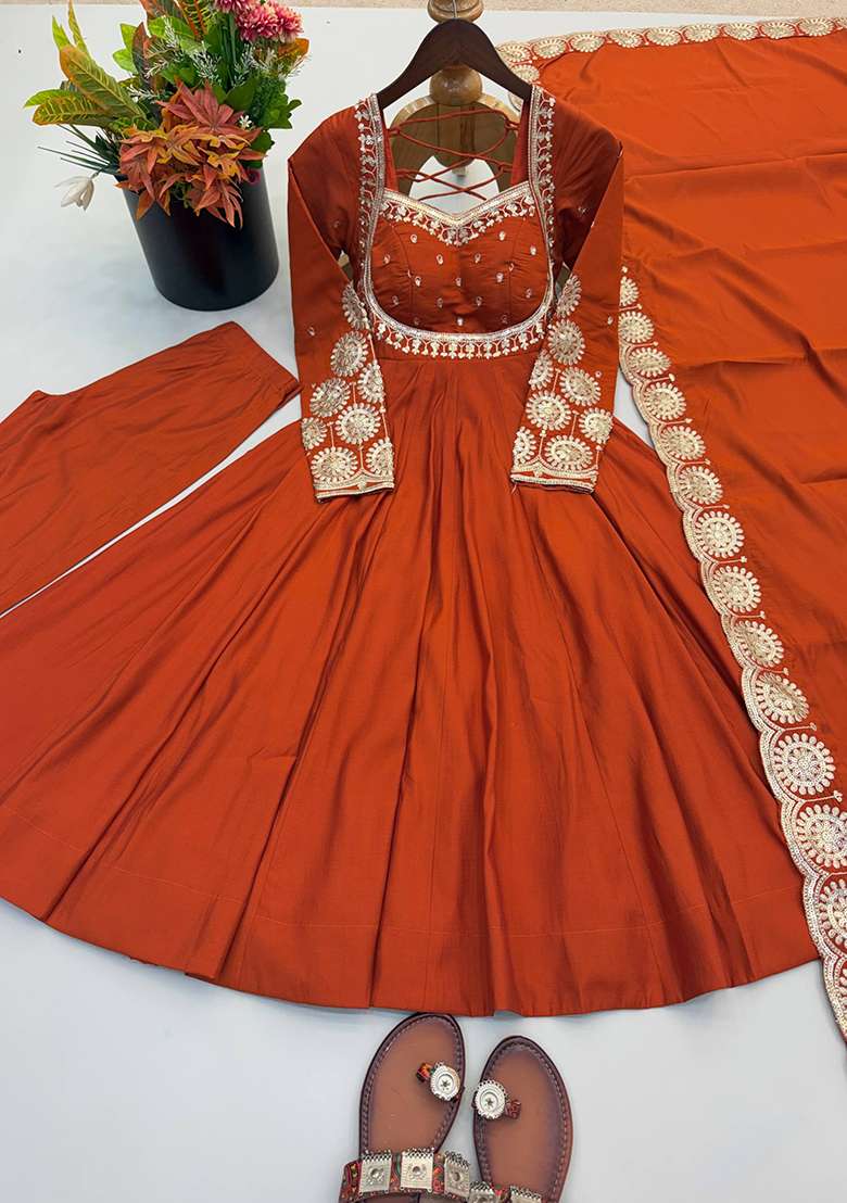 Orange Embroidery Georgette Gown Set - Indya