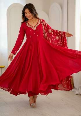 Red Embroidery Georgette Gown Set