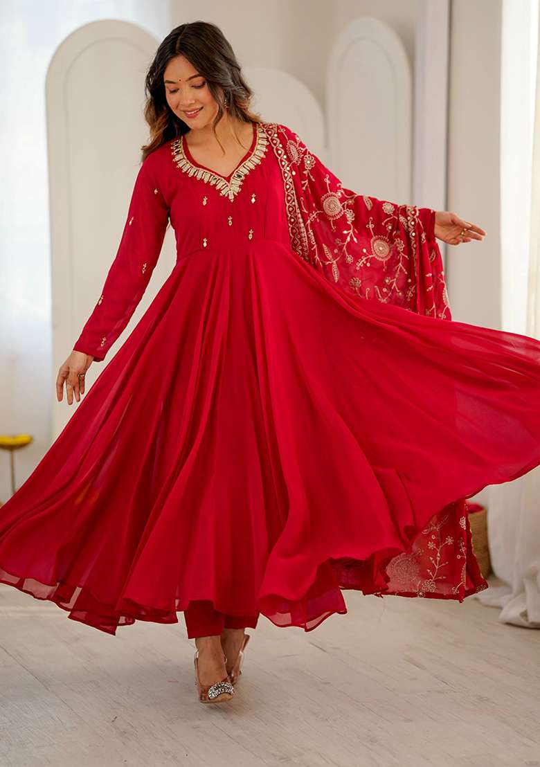 Red Embroidery Georgette Gown Set - Indya