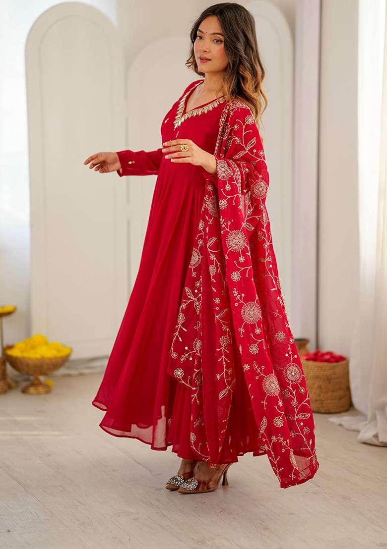 Red Embroidery Georgette Gown Set - Indya