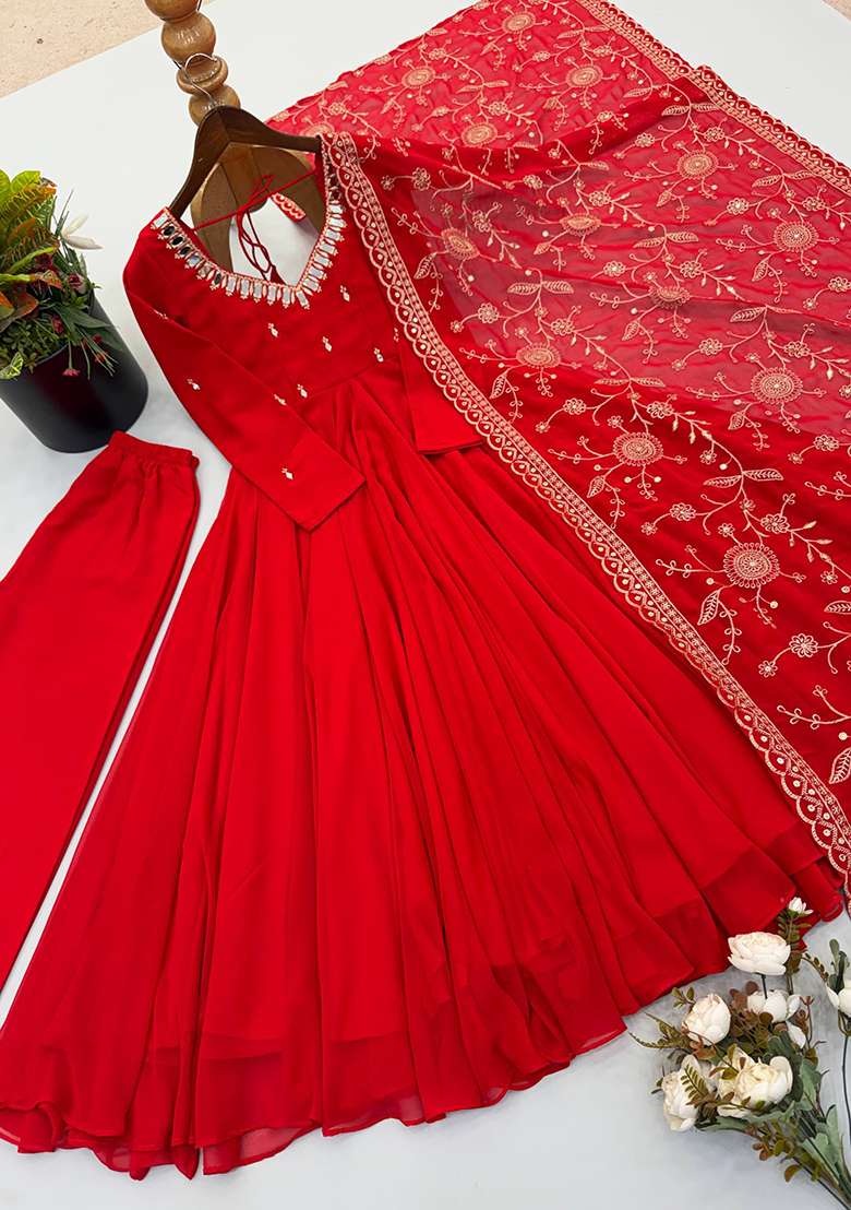 Red Embroidery Georgette Gown Set - Indya