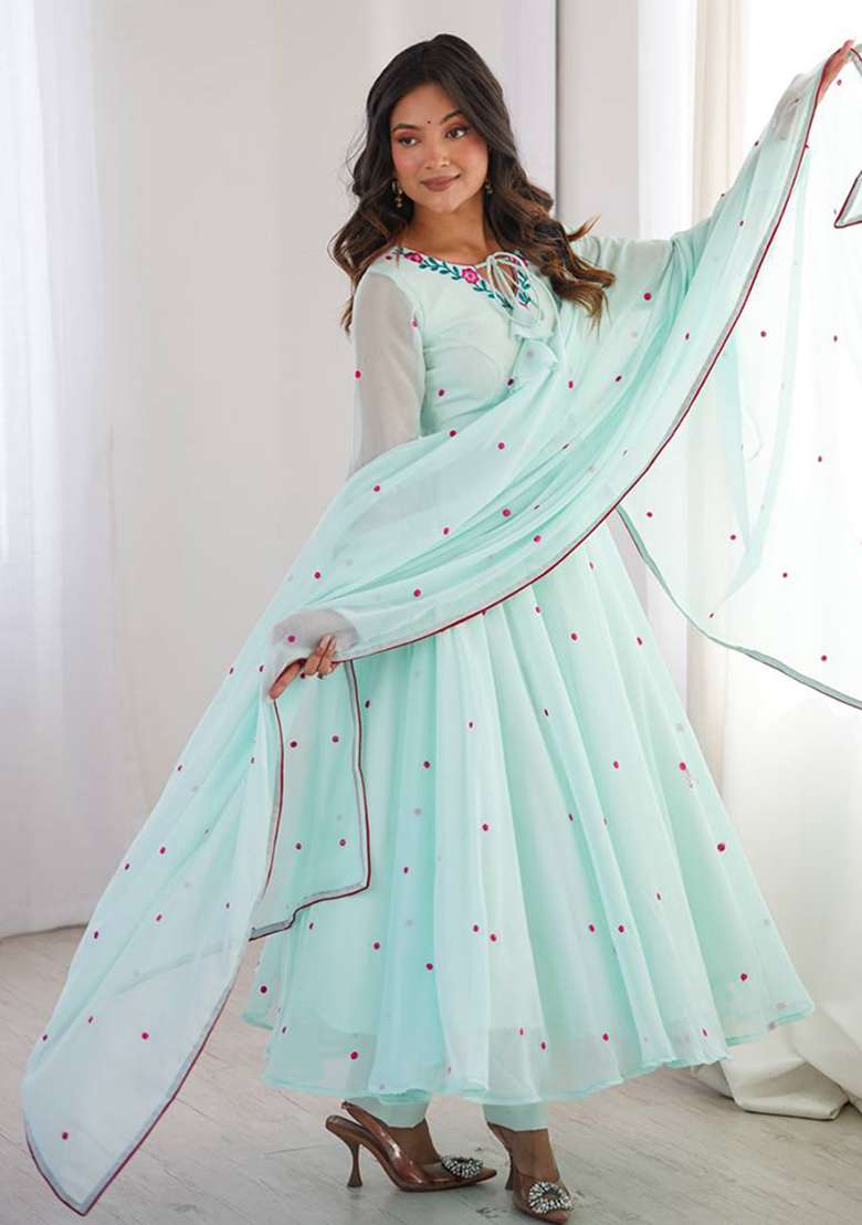 Sky Blue Embroidery Georgette Gown Set - Indya