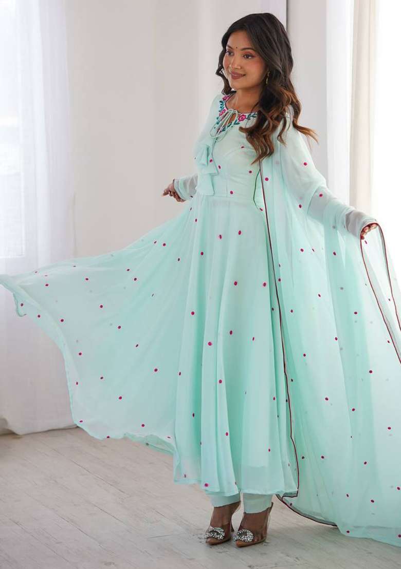 Sky Blue Embroidery Georgette Gown Set - Indya