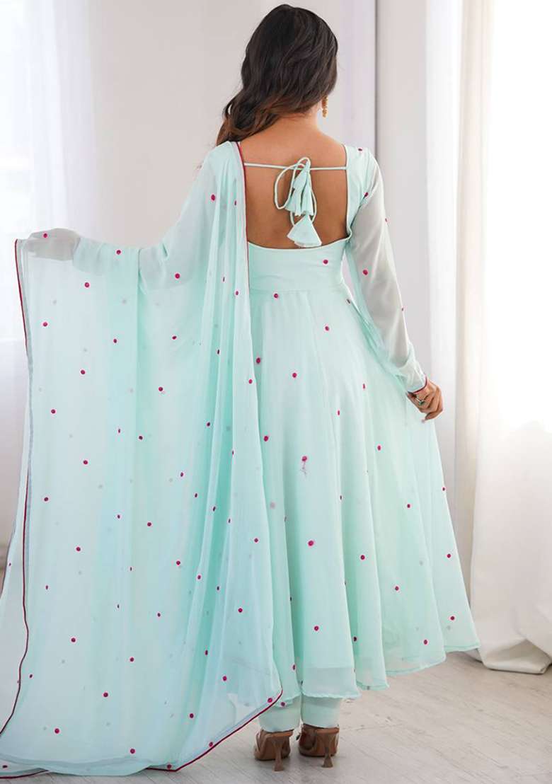 Sky Blue Embroidery Georgette Gown Set - Indya