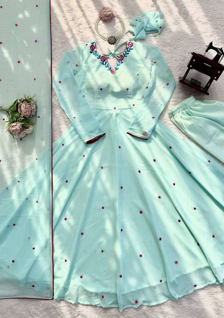Sky Blue Embroidery Georgette Gown Set - Indya