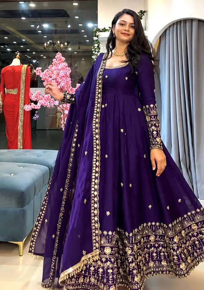 Blue Embroidery Silk Gown Set - Indya