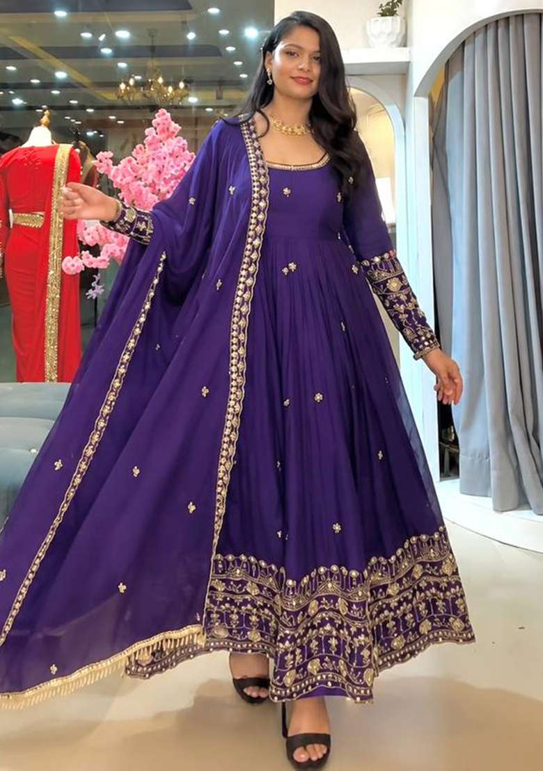 Blue Embroidery Silk Gown Set - Indya