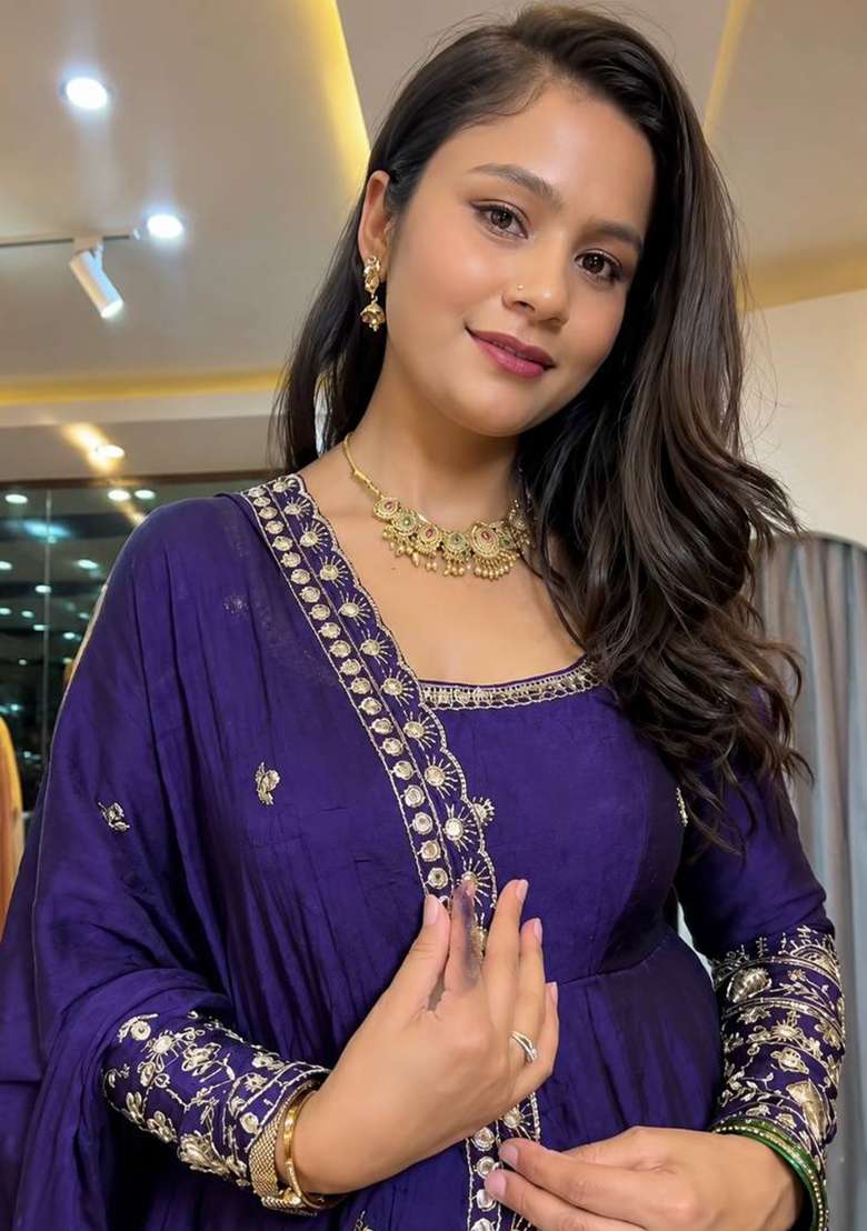 Blue Embroidery Silk Gown Set - Indya