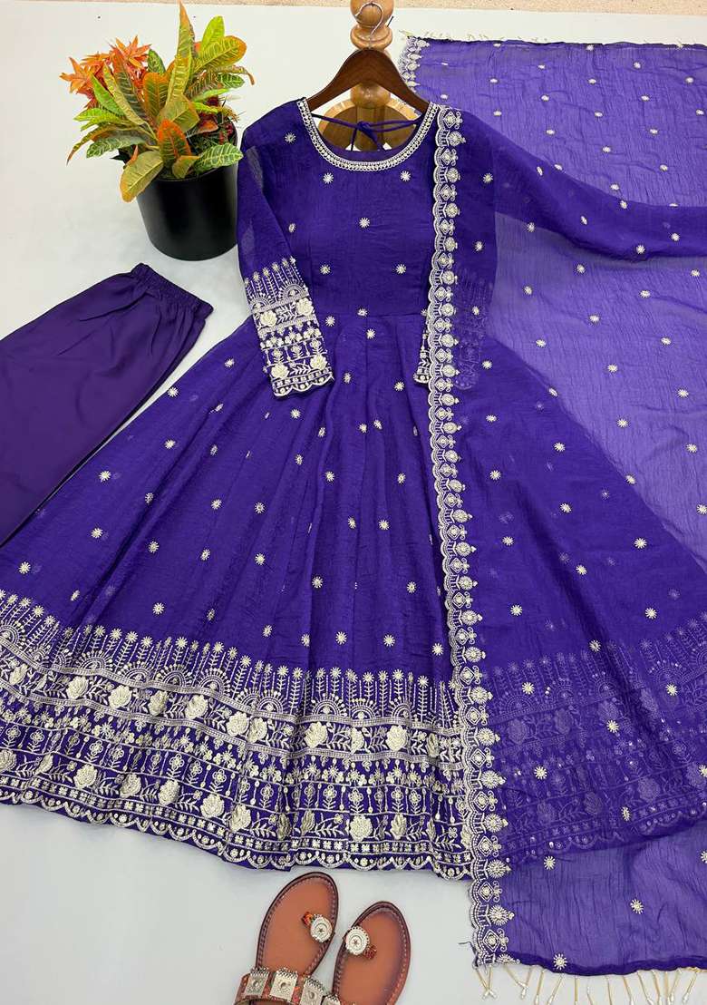 Blue Embroidery Silk Gown Set - Indya