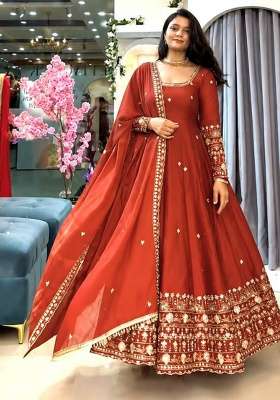Orange Embroidery Silk Gown Set