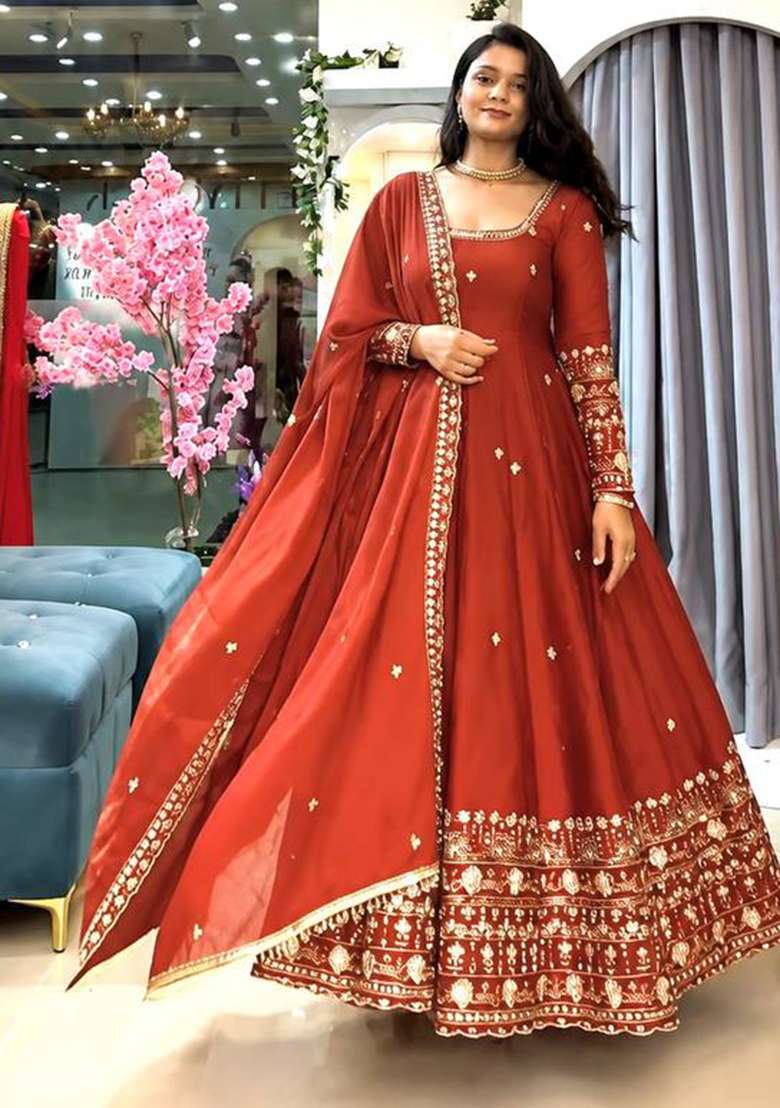 Orange Embroidery Silk Gown Set - Indya