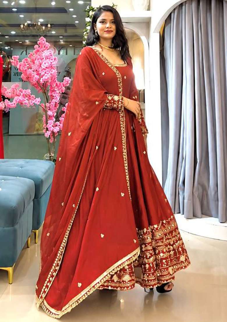 Orange Embroidery Silk Gown Set - Indya
