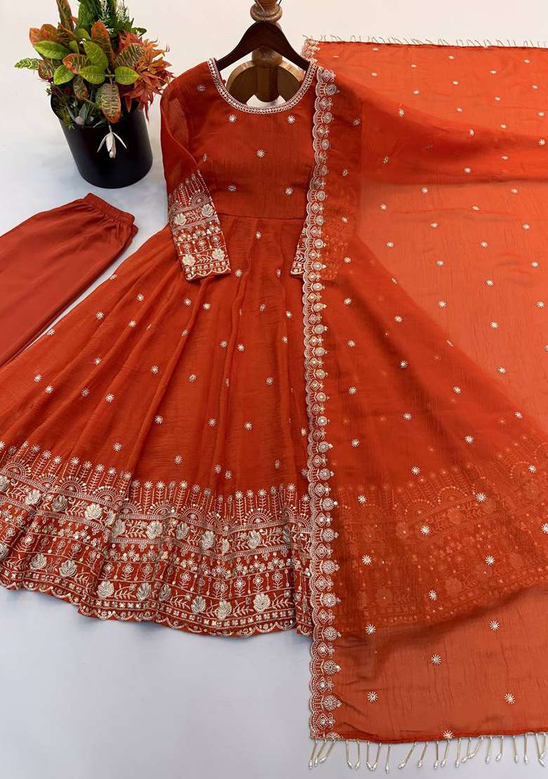 Orange Embroidery Silk Gown Set - Indya