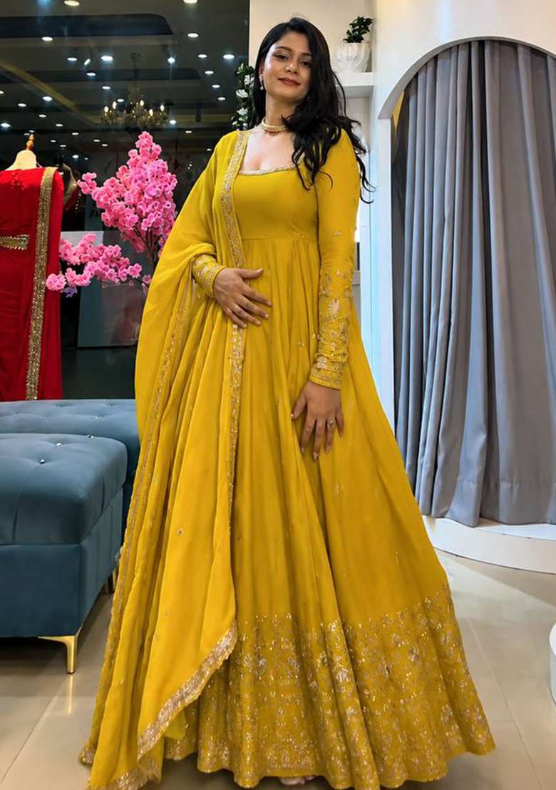 Yellow Embroidery Silk Gown Set - Indya