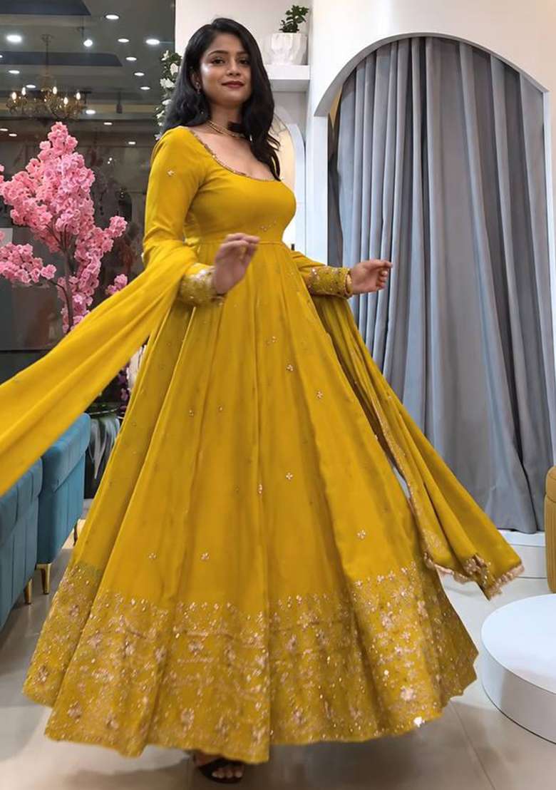 Yellow Embroidery Silk Gown Set - Indya