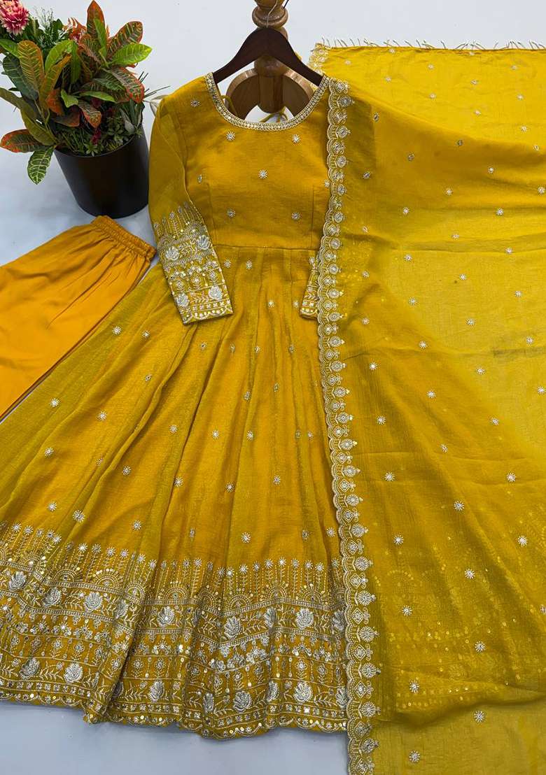 Yellow Embroidery Silk Gown Set - Indya
