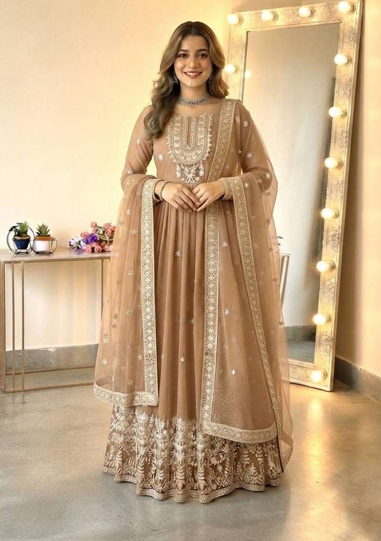 Cream Embroidery Georgette Gown Set - Indya