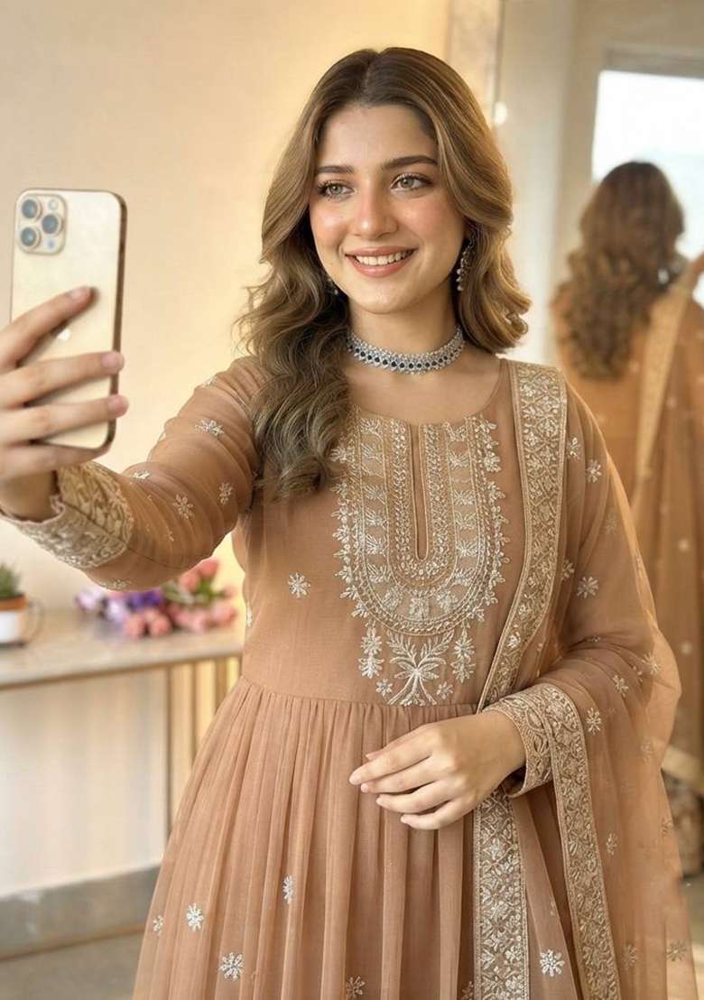 Cream Embroidery Georgette Gown Set - Indya