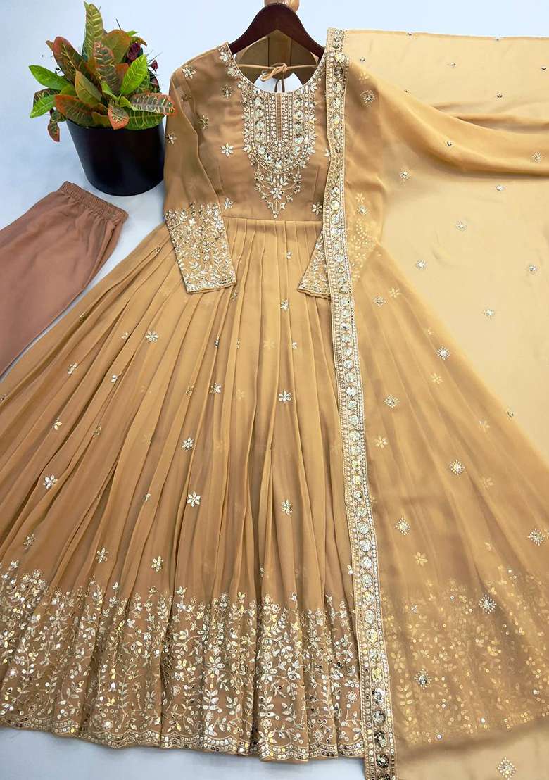 Cream Embroidery Georgette Gown Set - Indya