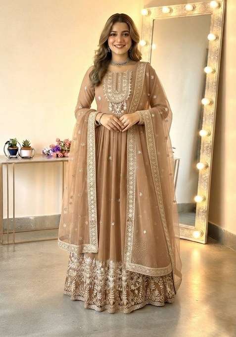 Cream Embroidery Georgette Gown Set