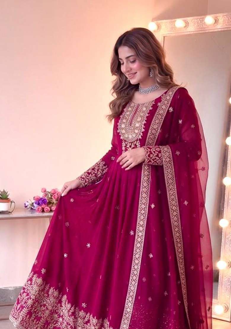 Pink Embroidery Georgette Gown Set - Indya