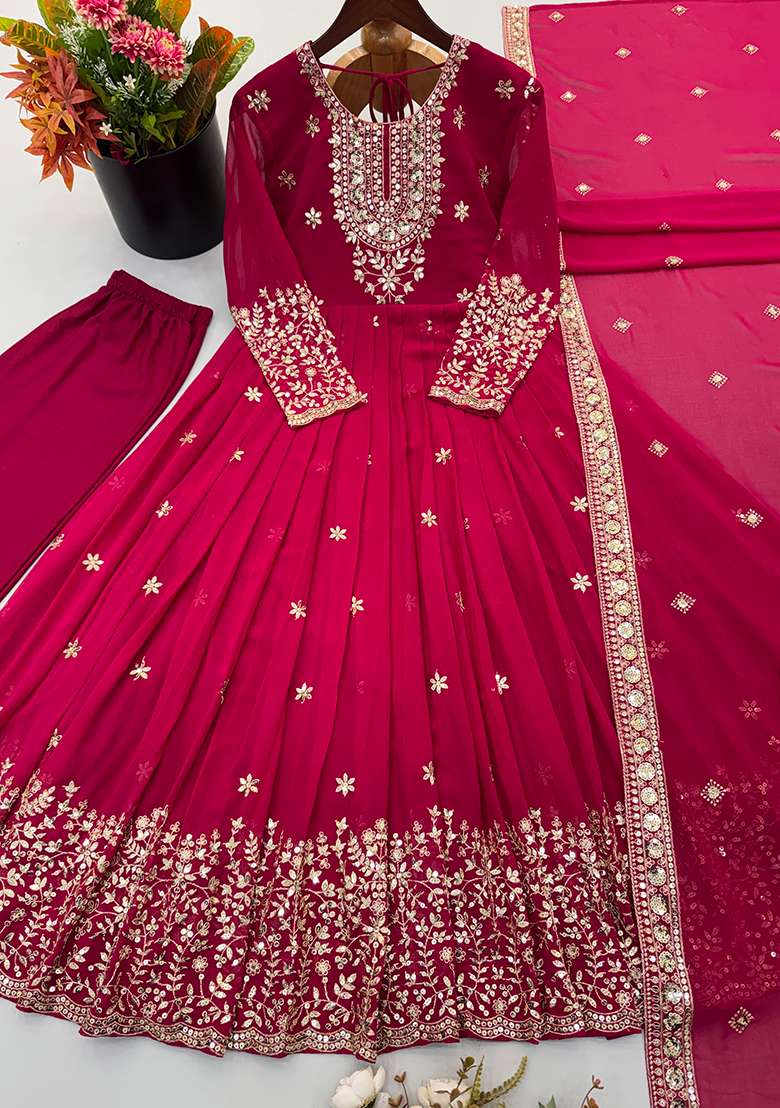 Pink Embroidery Georgette Gown Set - Indya
