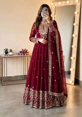 Red Embroidery Georgette Gown Set