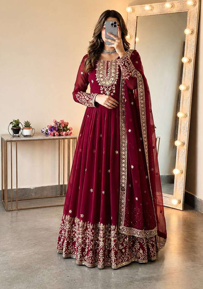 Red Embroidery Georgette Gown Set - Indya