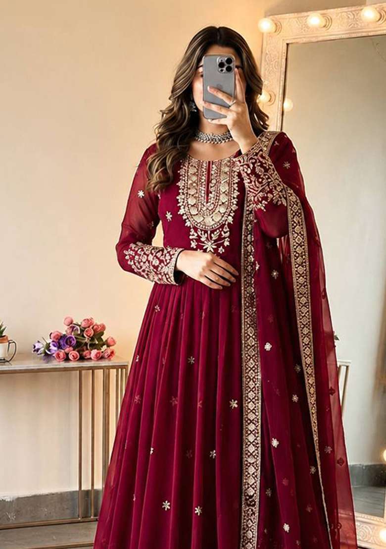 Red Embroidery Georgette Gown Set - Indya