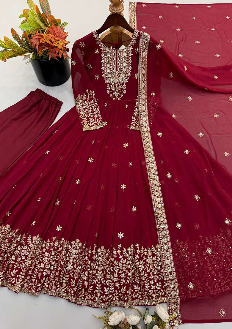 Red Embroidery Georgette Gown Set - Indya