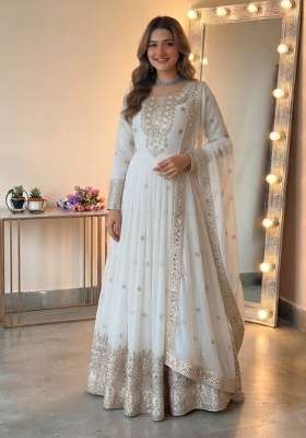White Embroidery Georgette Gown Set
