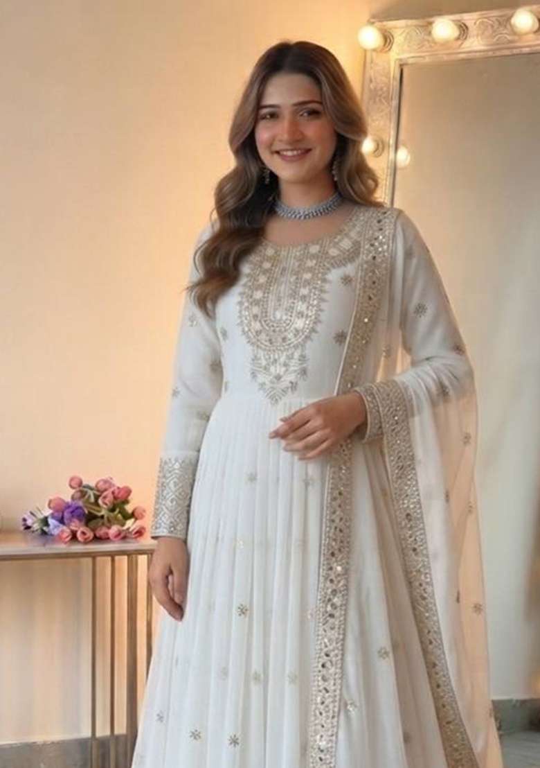 White Embroidery Georgette Gown Set - Indya