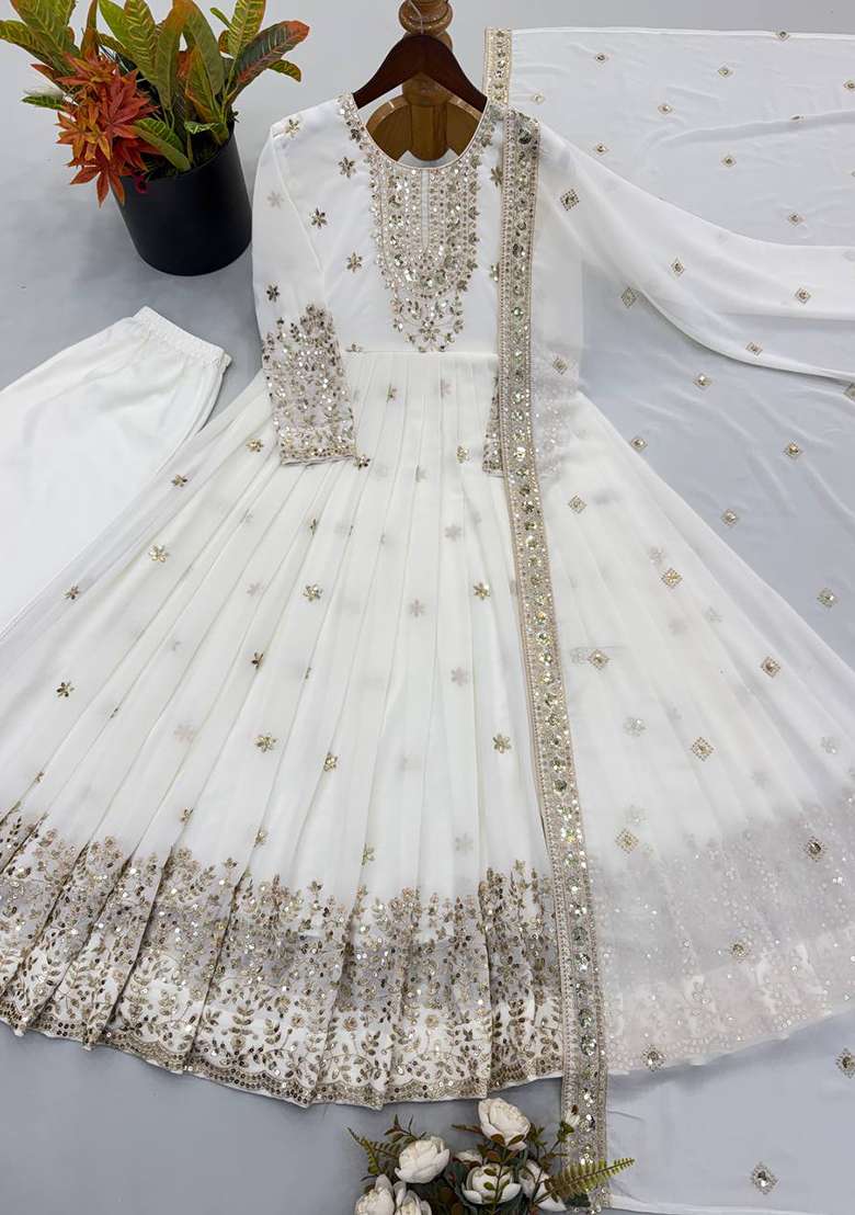 White Embroidery Georgette Gown Set - Indya
