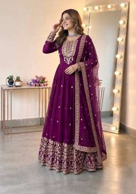 Wine Embroidery Georgette Gown Set