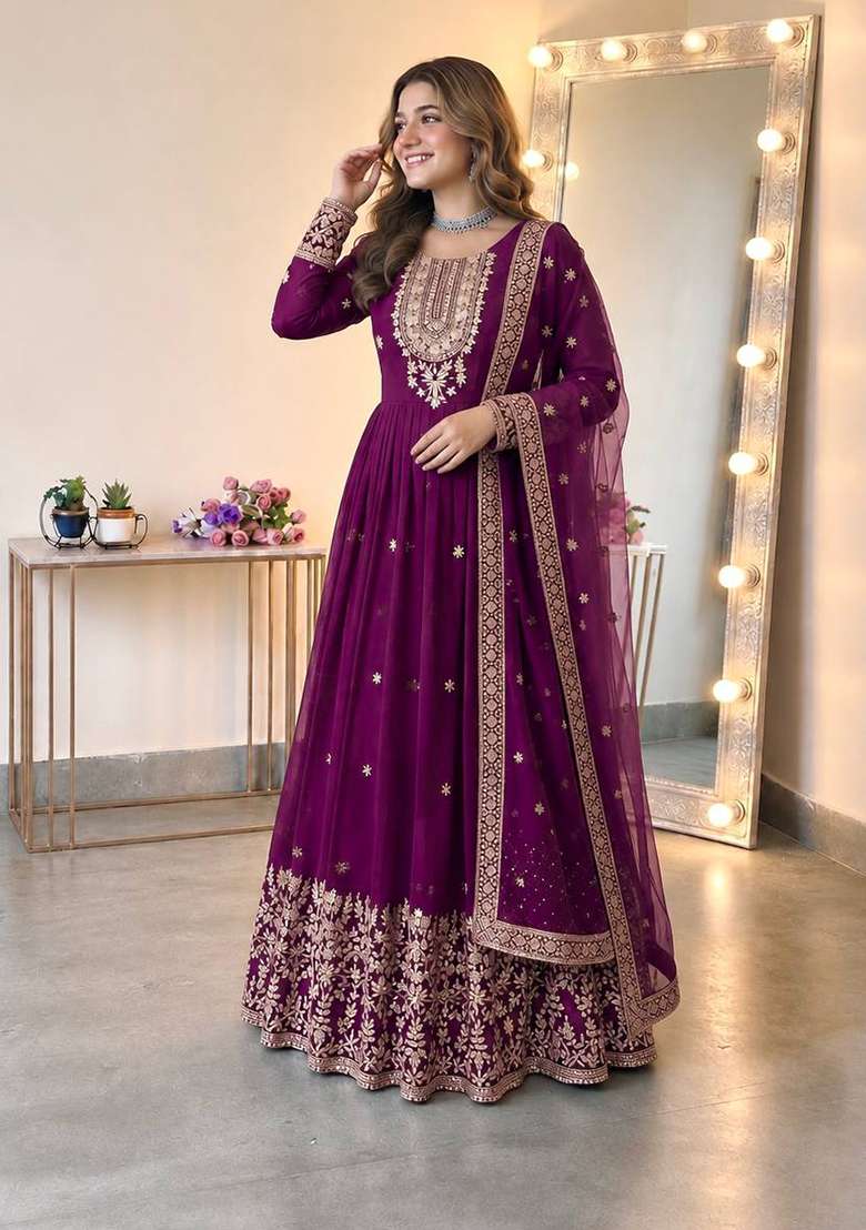 Wine Embroidery Georgette Gown Set - Indya