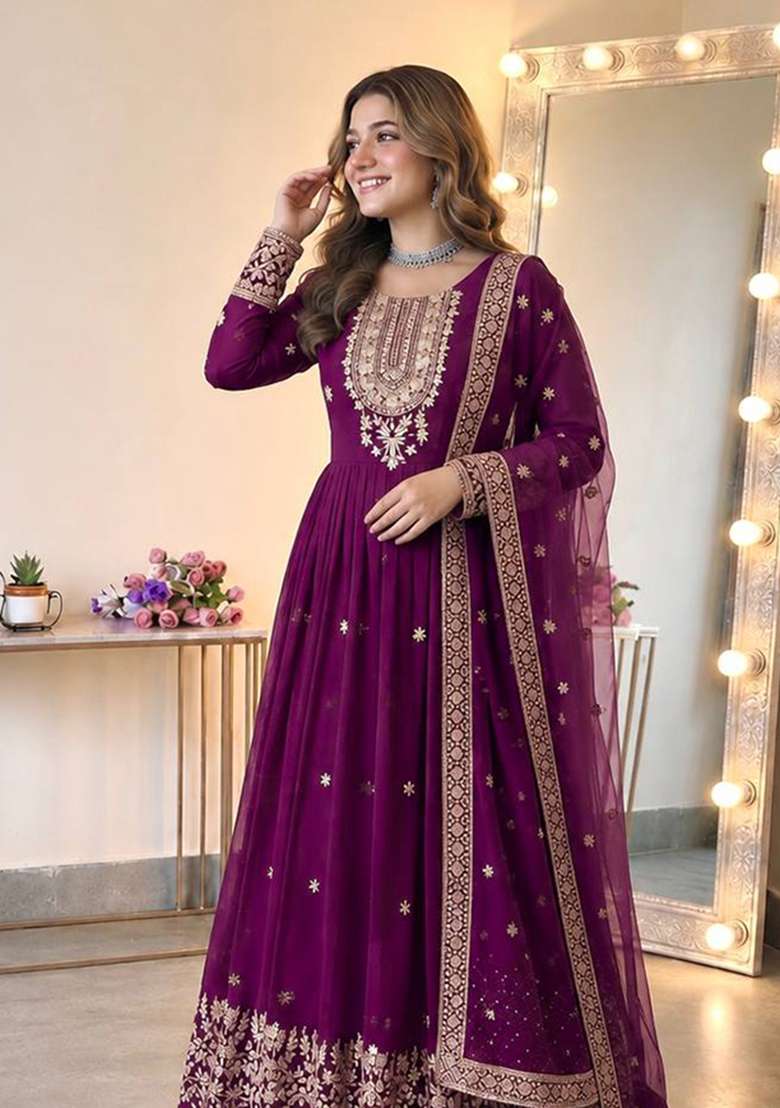 Wine Embroidery Georgette Gown Set - Indya